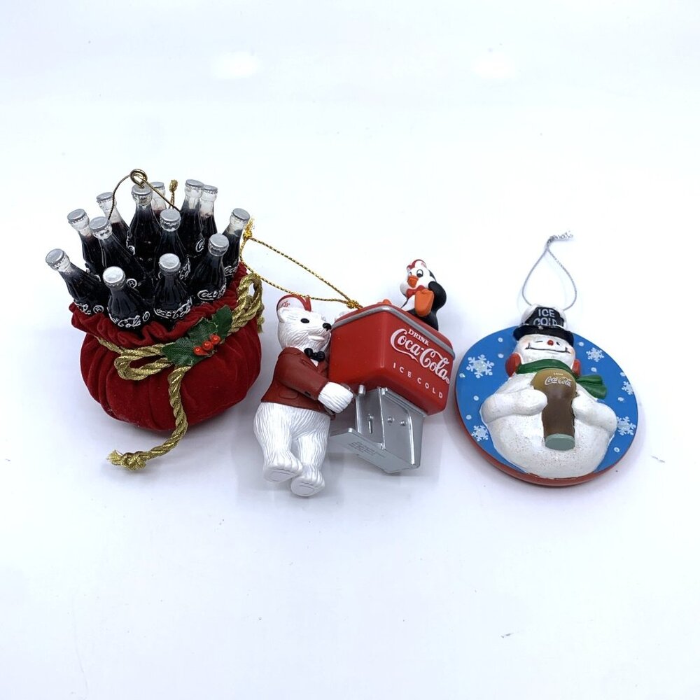 Lot of 3 Coca-Cola Christmas Ornaments Snowman Bag of Coke Polar Bear Penguin
